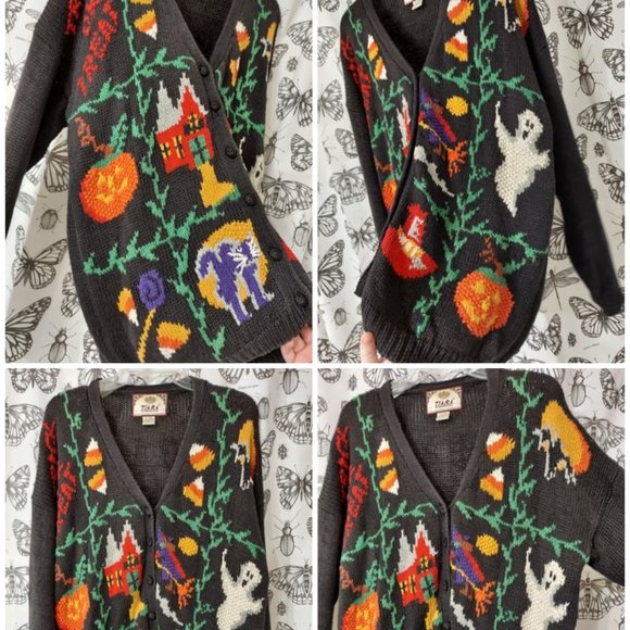 VINTAGE TIARA INTERNATIONAL HALLOWEEN CARDIGAN SWEATER (XL) - Picture 1 of 4